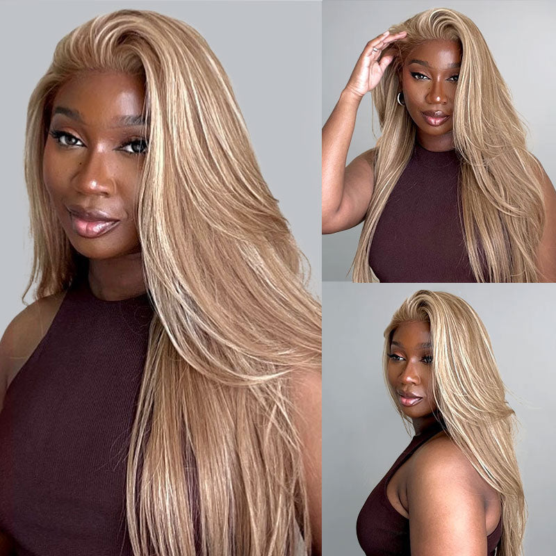 Lace Front Wigs Long Human Hair Pre Plucked Brown Mixed Blonde