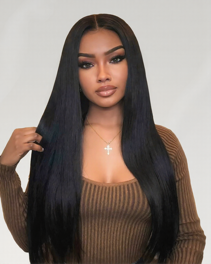 Silky Straight Natural Black 13x4/6x5 Pre-Cut Lace Front Human Hair Wig