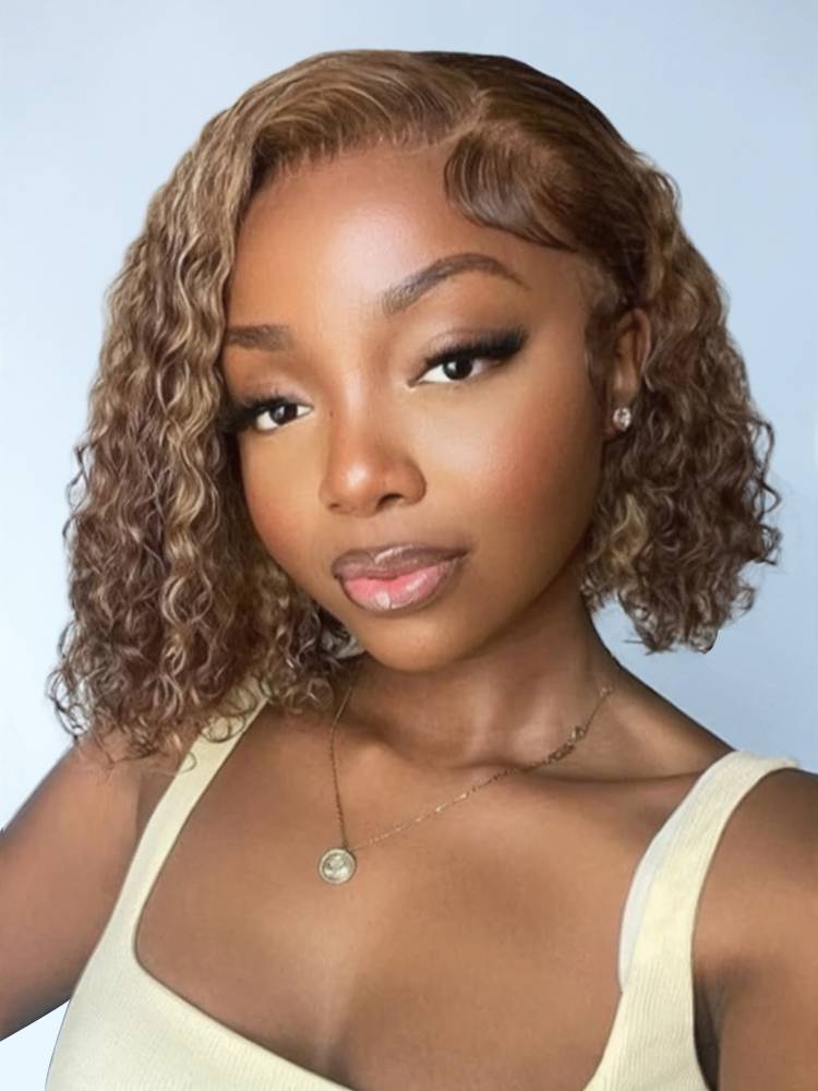 Honey Blonde Piano Highlights Curly Short Bob 13x4 Lace Front Human Hair Wig