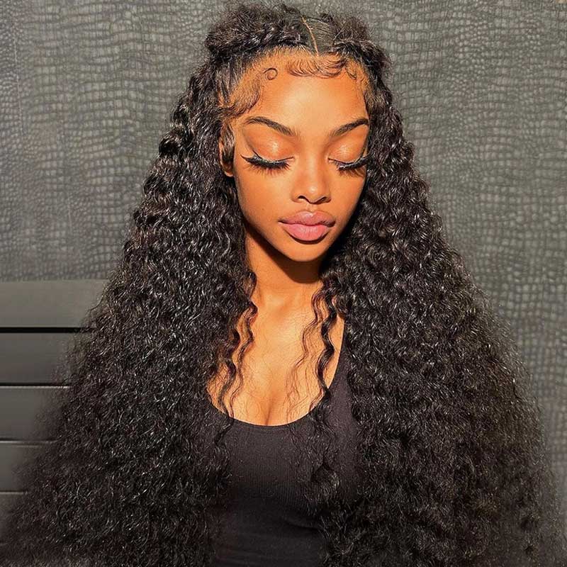 Deep Wave 13x6 Lace Frontal Wig Natural Black 210% Density Free Part H ...