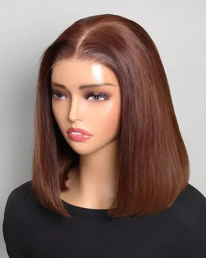 18&quot; V-Part Body Wave Human Hair Wig + 12&quot; Chestnut Brown 6x5 Lace Straight Bob Wig