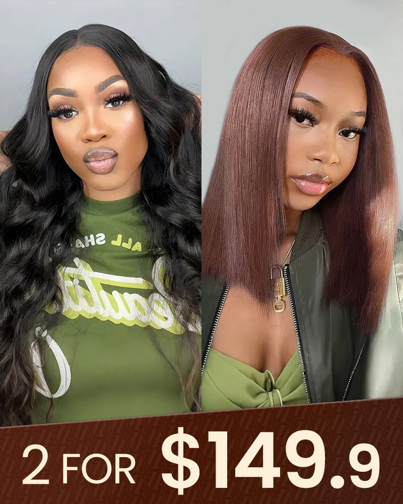 18&quot; V-Part Body Wave Human Hair Wig + 12&quot; Chestnut Brown 6x5 Lace Straight Bob Wig