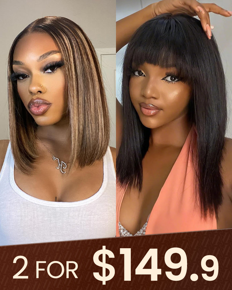 12&quot; 6x5 Lace Highlights Straight Bob Wig + 14&quot; Straight Bob Wig With Bangs