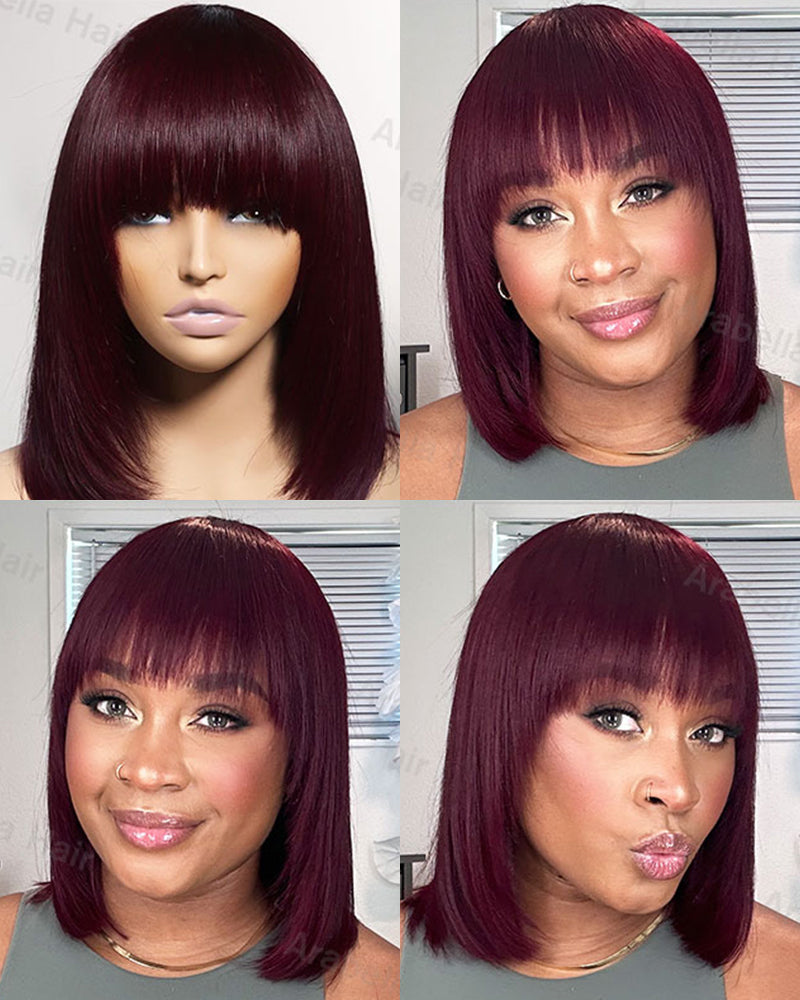 14&quot; V-Part Deep Curly Bob Wig + 12&quot; Reddish Purple Burgundy Layered Straight Wig With Bangs