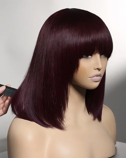 14&quot; V-Part Deep Curly Bob Wig + 12&quot; Reddish Purple Burgundy Layered Straight Wig With Bangs