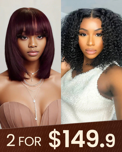 14&quot; V-Part Deep Curly Bob Wig + 12&quot; Reddish Purple Burgundy Layered Straight Wig With Bangs