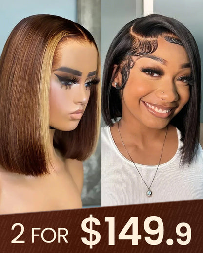 12&quot; 6x5 Lace Money Piece Highlight Straight Bob Wig + 12&quot; 13x4 Lace Straight Bob Wig