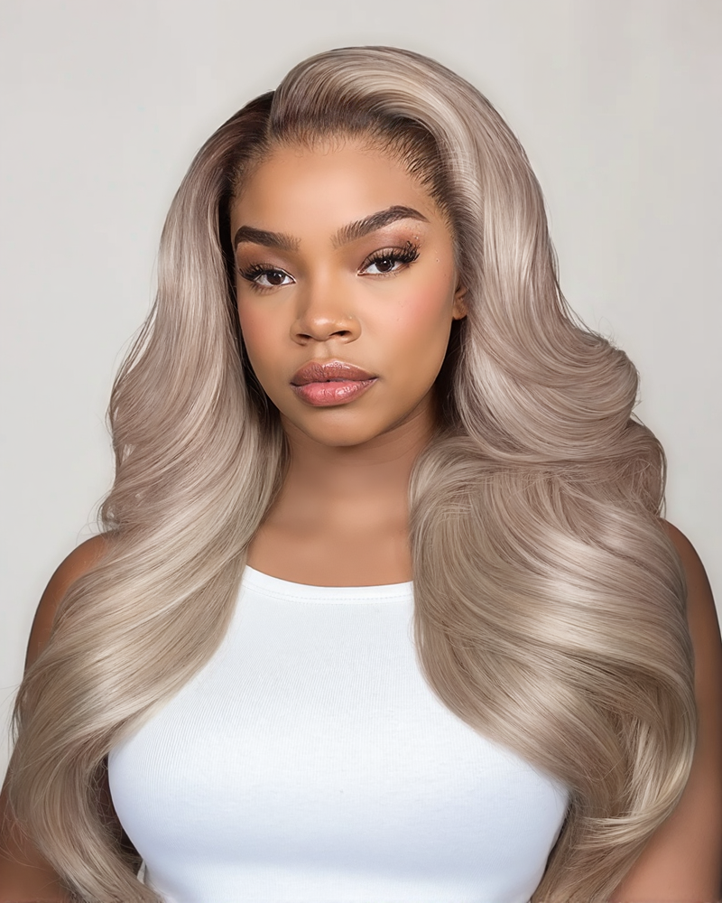 Ash Blonde with Dark Roots Ombre Color Blowout In Wavy13x4 Lace Front Human Hair Wig Free Part