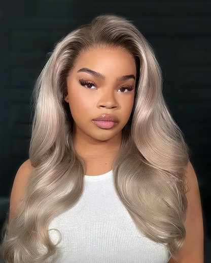 Ash Blonde with Dark Roots Ombre Color Blowout In Wavy13x4 Lace Front Human Hair Wig Free Part