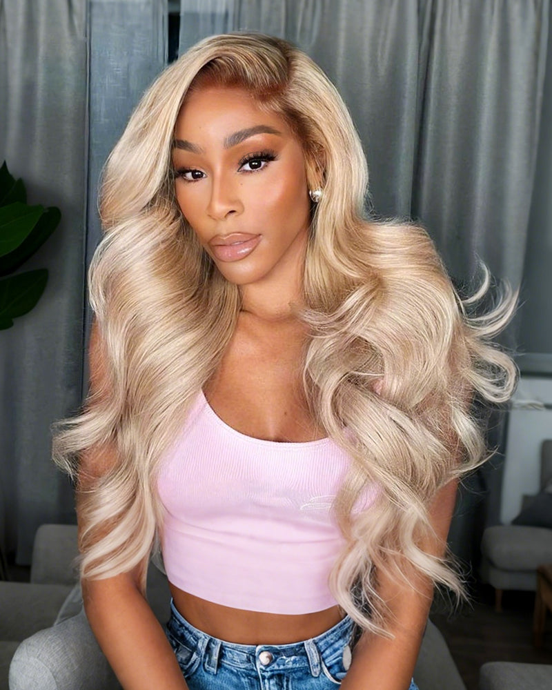 Ash Blonde with Dark Roots Ombre Color Blowout In Wavy13x4 Lace Front Human Hair Wig Free Part