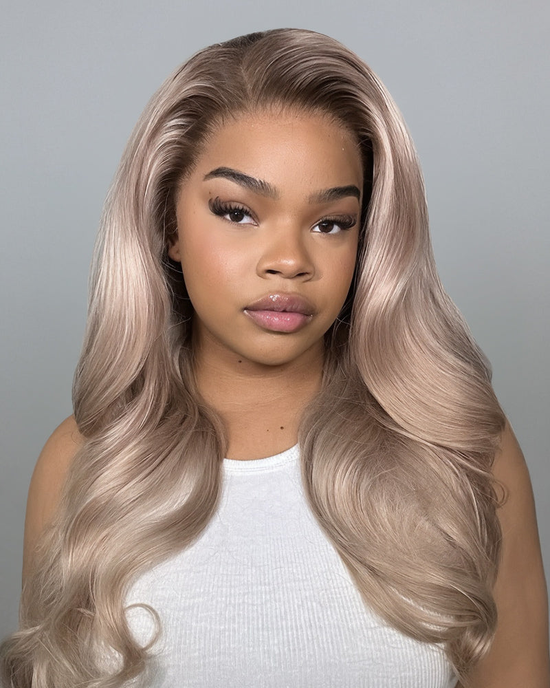 Ash Blonde with Dark Roots Ombre Color Blowout In Wavy13x4 Lace Front Human Hair Wig Free Part