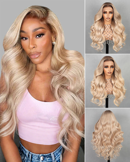 Ash Blonde with Dark Roots Ombre Color Blowout In Wavy13x4 Lace Front Human Hair Wig Free Part