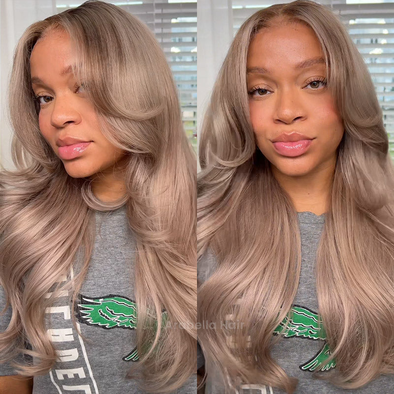 Ash Blonde with Dark Roots Ombre Color Blowout In Wavy13x4 Lace Front Human Hair Wig Free Part