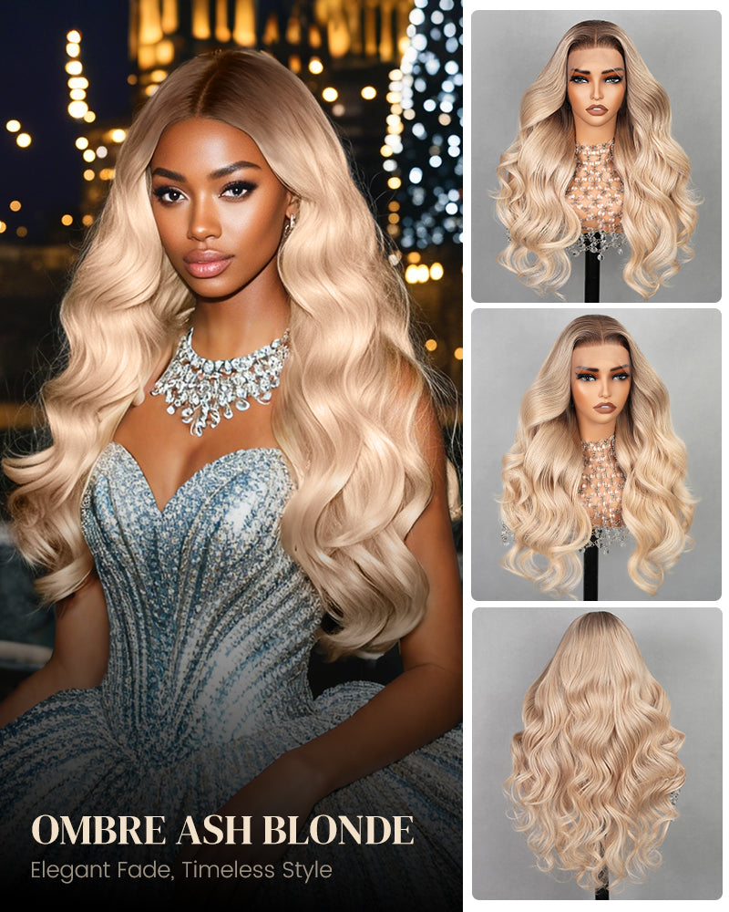 Ombré Ash blonde Human Hair Blend, 360 lace 13x4 free parting daily wig deals updo