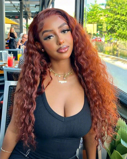 Reddish Auburn Brown Color Bohemian Natural Curl Glueless 6x5 Lace Human Hair Wig Middle Part