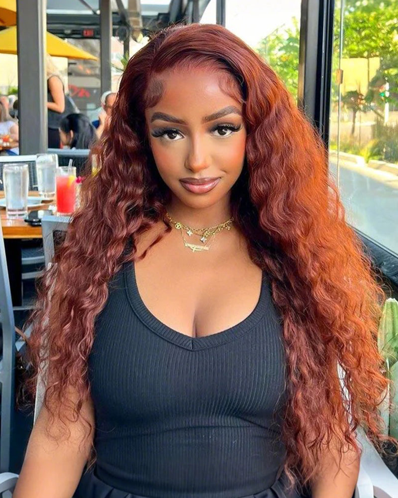 Reddish Auburn Brown Color Bohemian Natural Curl Glueless 6x5 Lace Human Hair Wig Middle Part