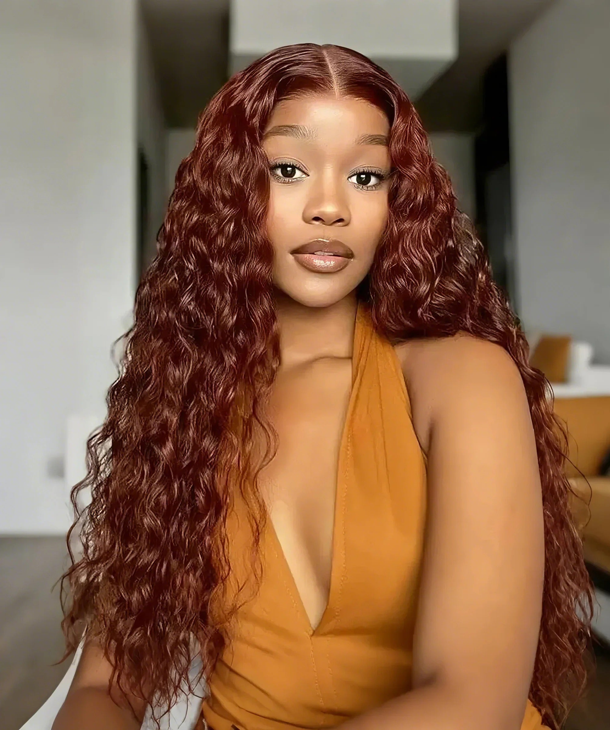 Reddish Auburn Brown Color Bohemian Natural Curl Glueless 6x5 Lace Human Hair Wig Middle Part