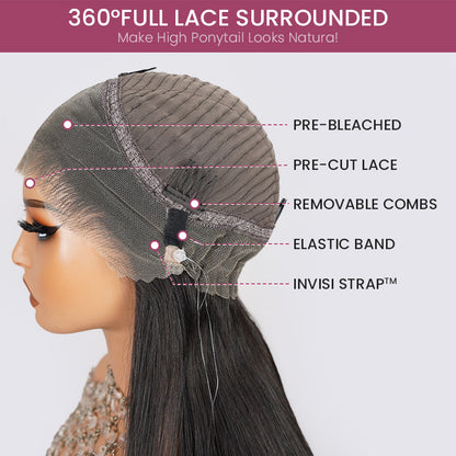 360 Lace Frontal Natural Black Long Straight Wig Free Part Ponytail Style Human Hair Wig -Arabella Hair