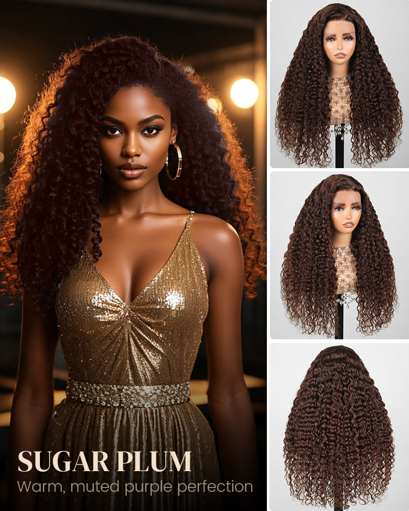 Chestnut Brown Color Water Wave Curly 13x4/6x5 Lace Human Hair Wig Free Parting