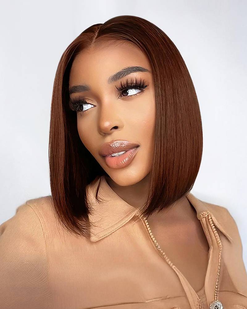 Dark Brown Color Short Bob Straight Double Drawn Hair Grade 6-inch Deep Lace Glueless Human Hair Wig