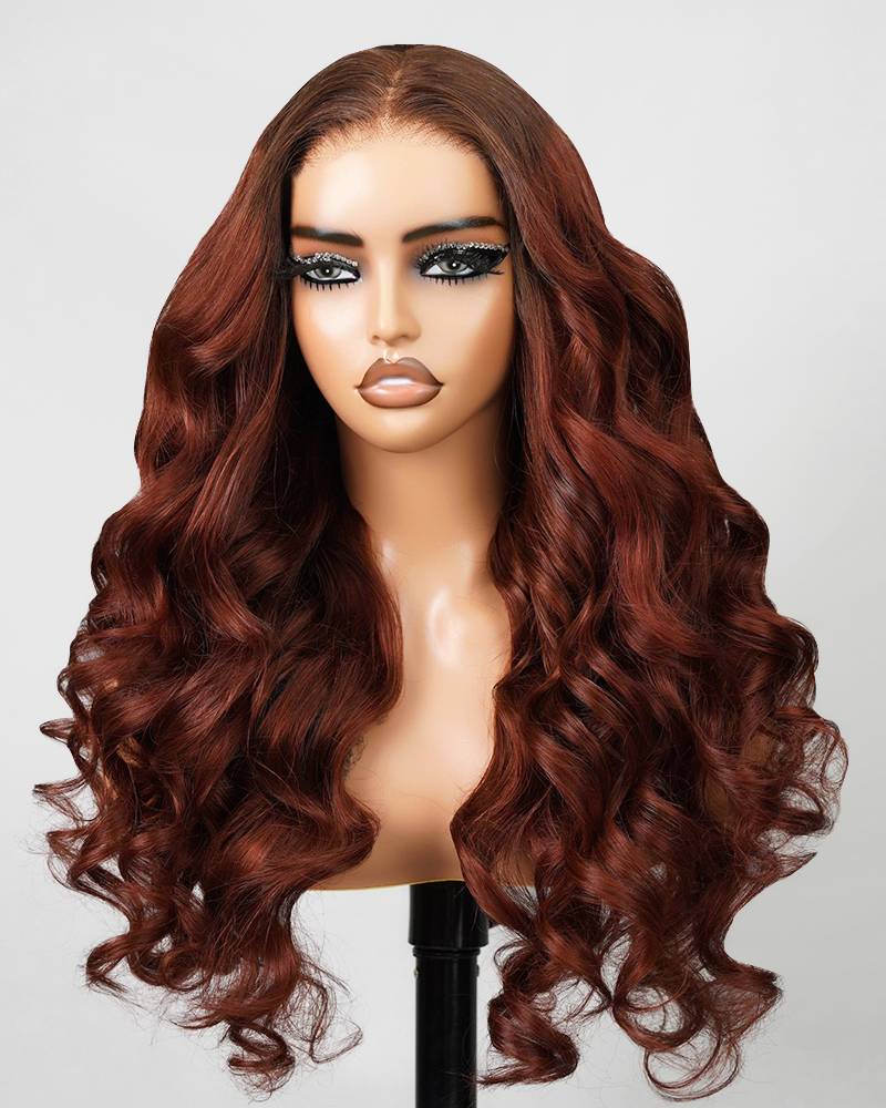 Ombre Brown Wig with Reddish Brown Loose Body Wave Glueless 6-Inch Deep Lace Middle Part Human Hair