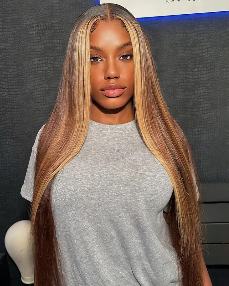 13x4 Lace Honey Blonde with Piano Highlights - Straight Colored Lace Front Human Hair Wig