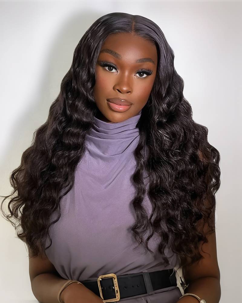 Loose Wave Natural Black Pre-Cut Glueless 6x5 Lace Closure Human Hair Wigs