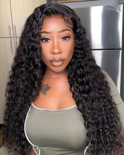 Deep Wave Natural Black Glueless 4x4 Lace Closure Human Hair Wigs