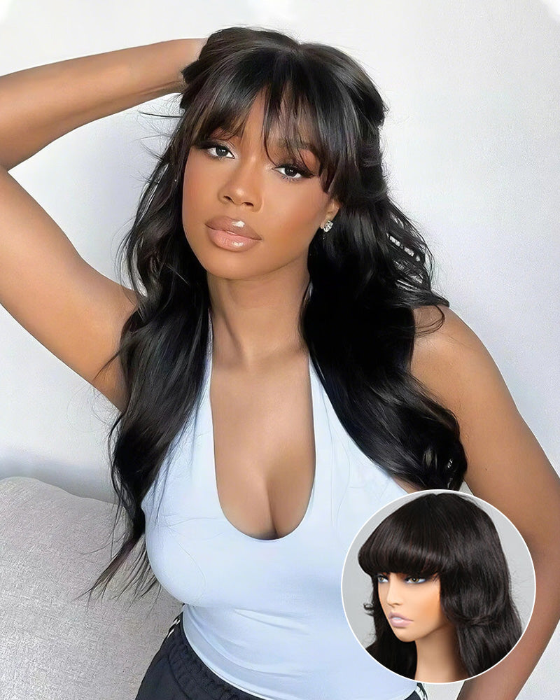 Long Body Wave With Bangs Glueless Wig Non-Lace Machine Made Natural Black Protective Style Human Hair Wigs