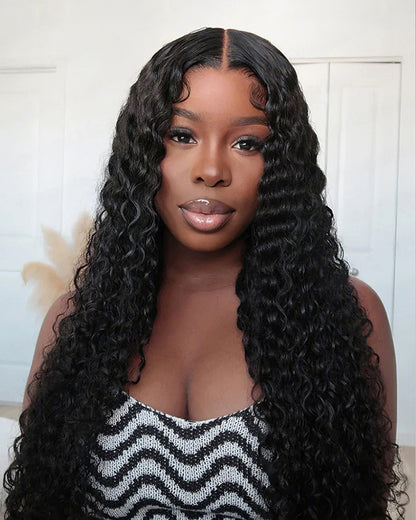 Water Wave Curly Natural Black Glueless 5x5 Lace Closure Human Hair Wigs