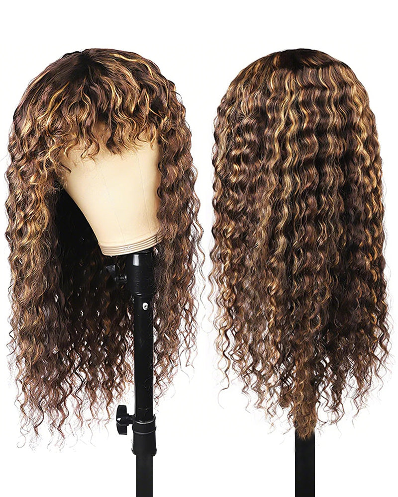 Piano Highlights Colored Deep Wave With Bangs Curly Non-Lace Machine Made Human Hair Wigs