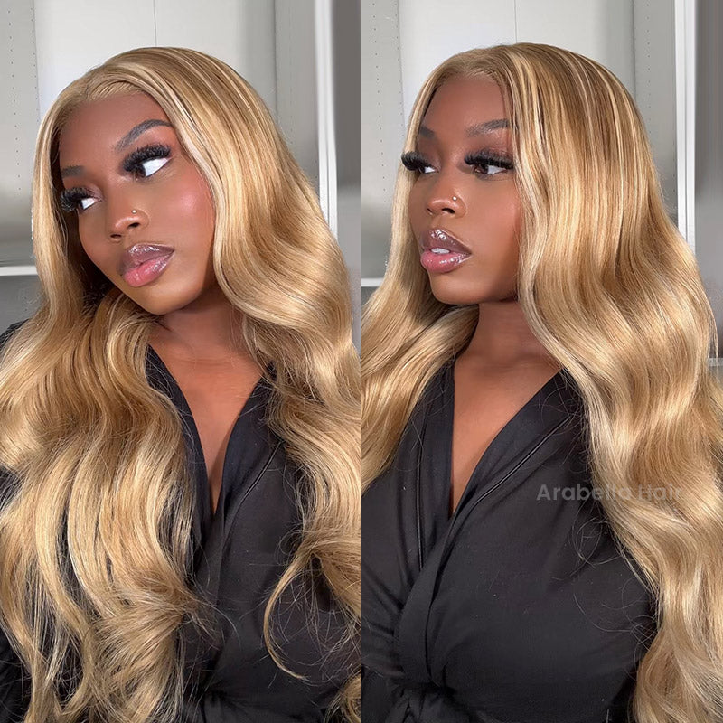 Wavy Blonde Khaki Style 13x4 Lace Front Mixed Brown and Blonde Highlights Color Human Hair Wig