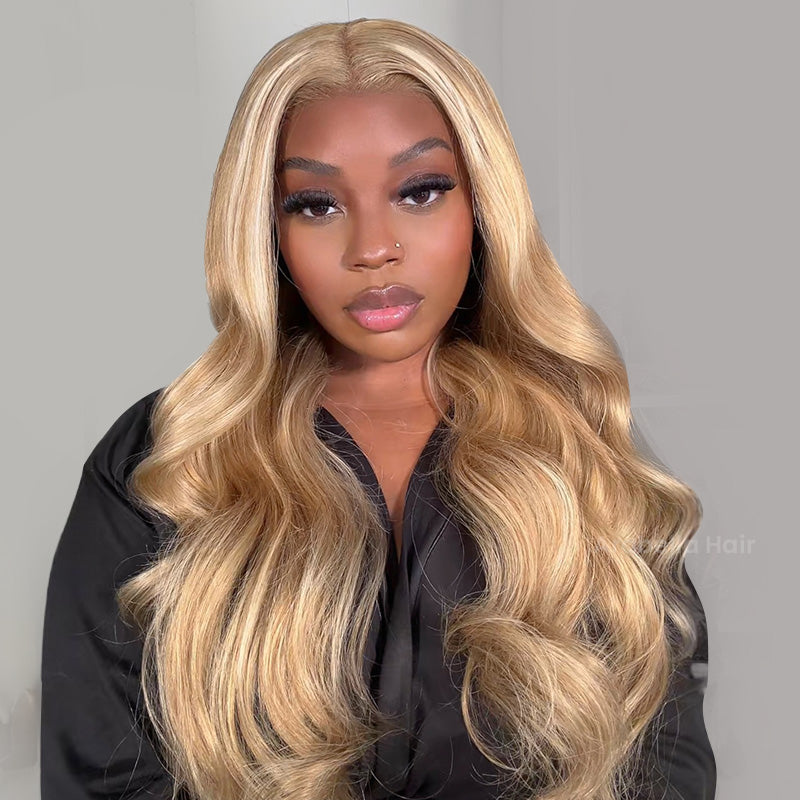 Wavy Blonde Khaki Style 13x4 Lace Front Mixed Brown and Blonde Highlights Color Human Hair Wig