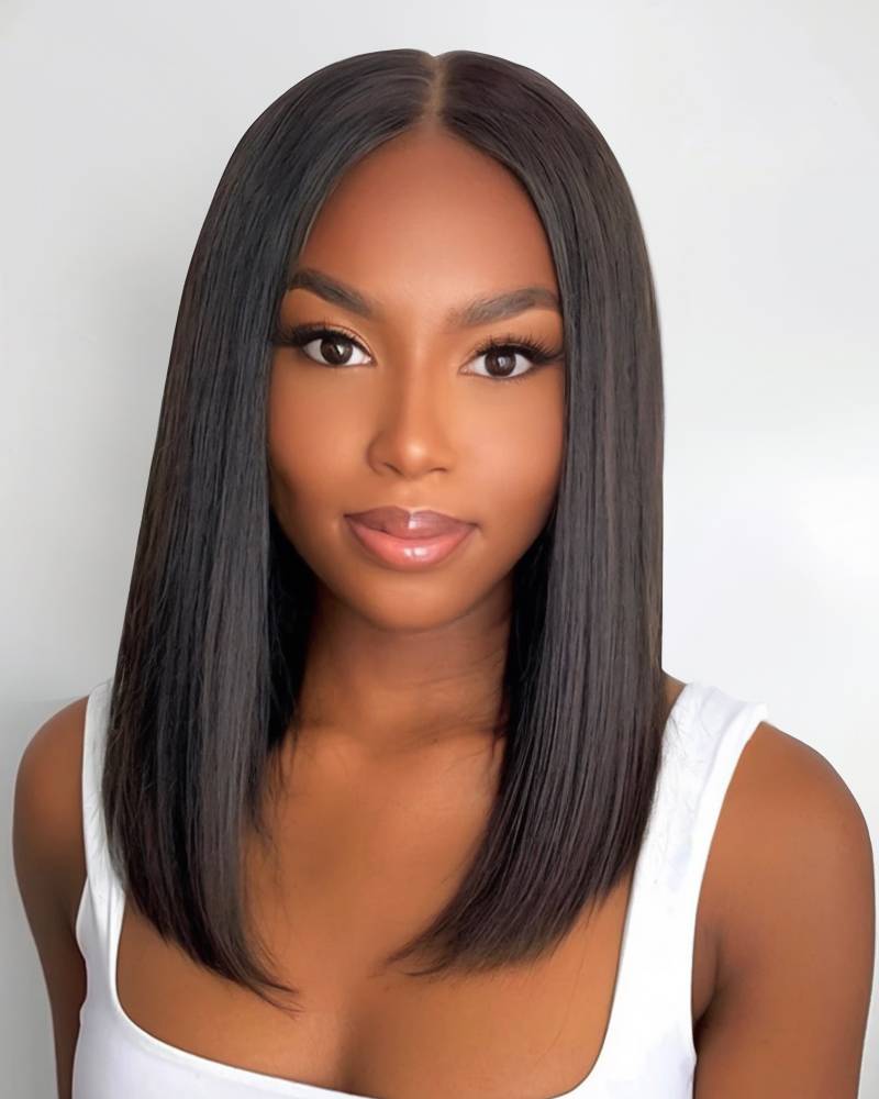 Straight Bob Natural Black T Part Lace Front Double Drawn Human Hair Wig