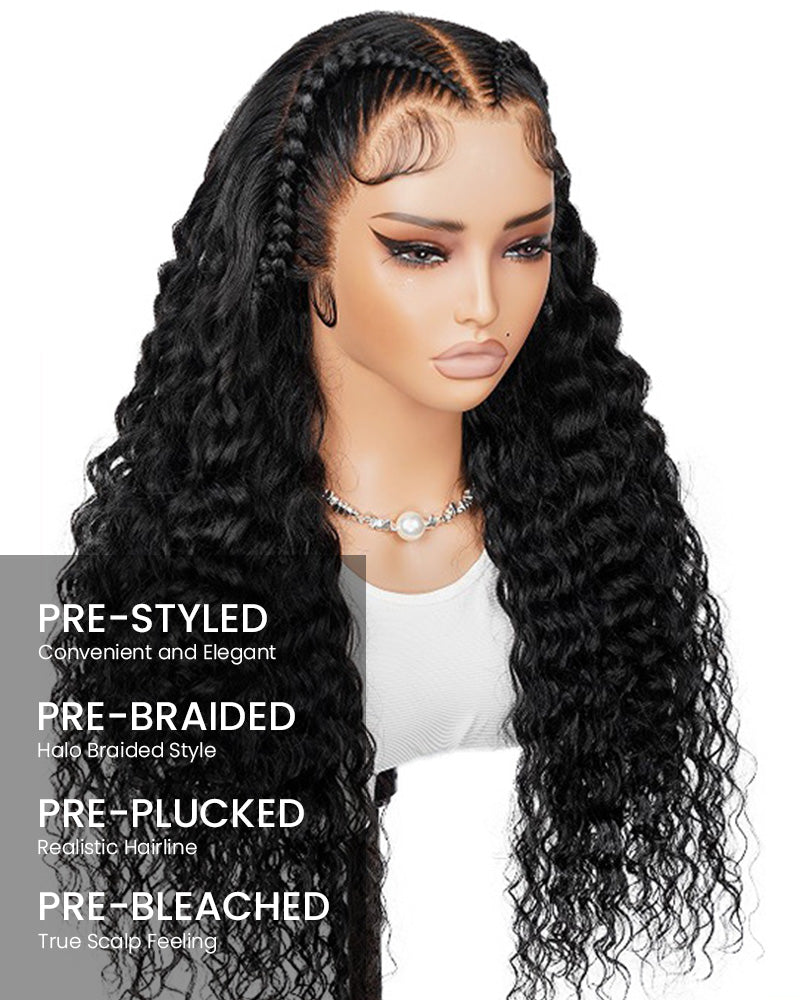 Halo Braided Water Wave Natural Black 13x4 Lace Front Human Hair Wig