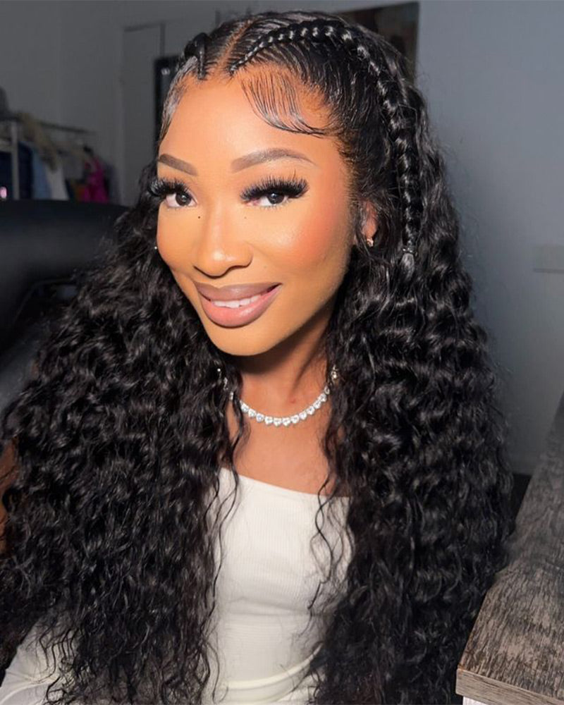 Halo Braided Water Wave Natural Black 13x4 Lace Front Human Hair Wig