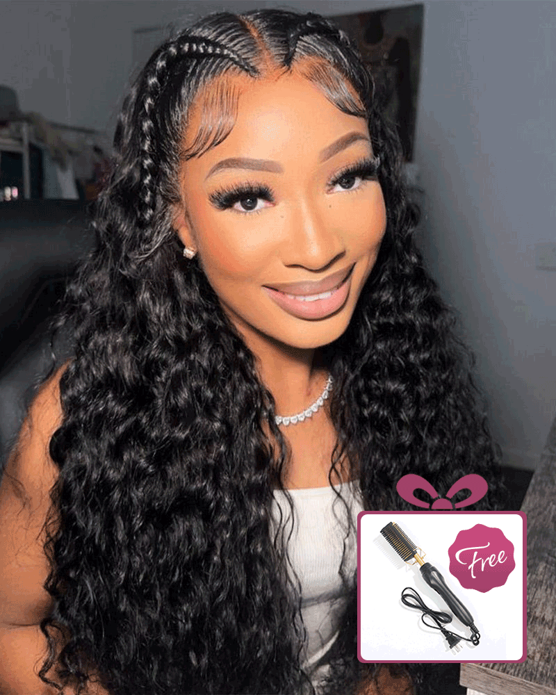 Halo Braided Water Wave 13x4 Lace Front Pre-Plucked Pre-Braid Style Natural Black Human Hair Wig