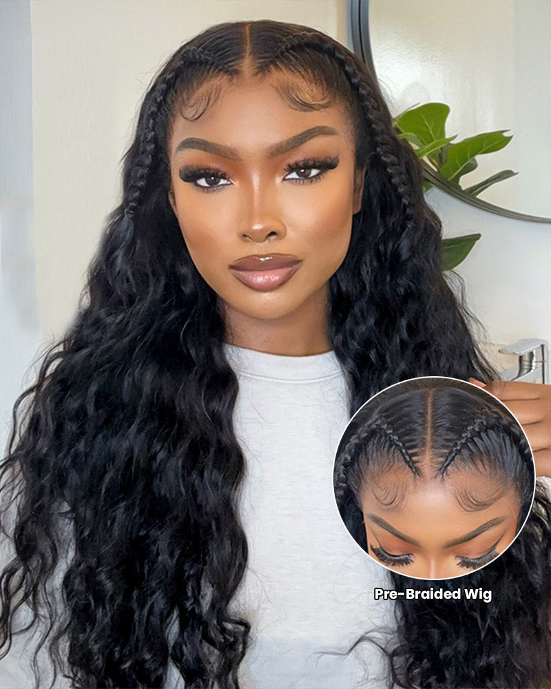 Halo Braided Water Wave Natural Black 13x4 Lace Front Human Hair Wig