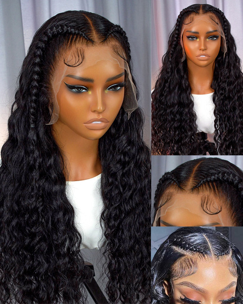 Halo Braided Water Wave Natural Black 13x4 Lace Front Human Hair Wig