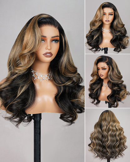 Champagne Gold Highlights Colored Loose Body Wave Pre-Cut 6x5 Glueless Lace Human Hair Wig