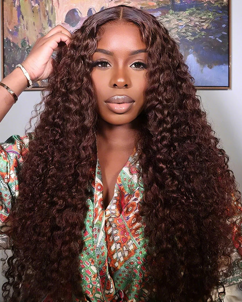 Glueless 13x4 Chestnut Dark Brown Lace Front Water Wave Glueless Wig Pre Plucked Human Hair Wigs