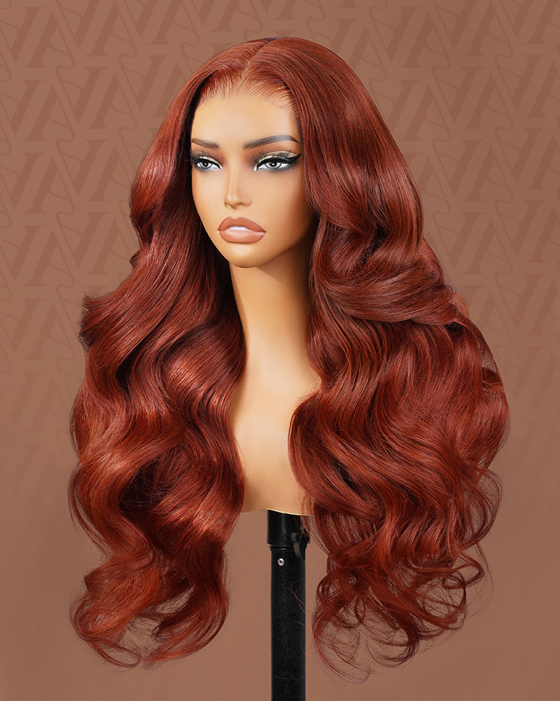 Pure-Luxe|Reddish Brown Colored Body Wave Glueless 13x6 Pre-Cut Lace Ultra-Dense Human Hair Wig V-Shaped Sideburns