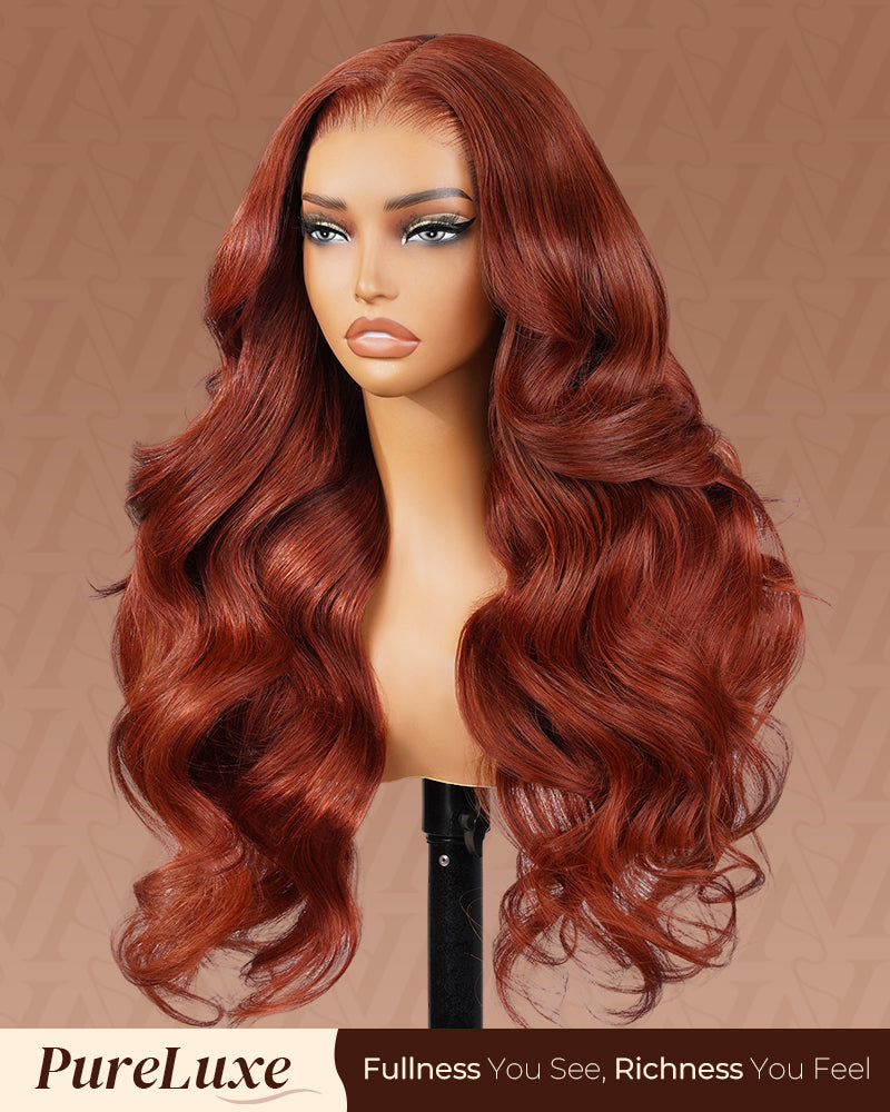 Pure-Luxe™ Reddish Brown Colored Body Wave Easy Wear Glueless 13x6 Ultra-Dense Human Hair Wig Pre-Cut Lace