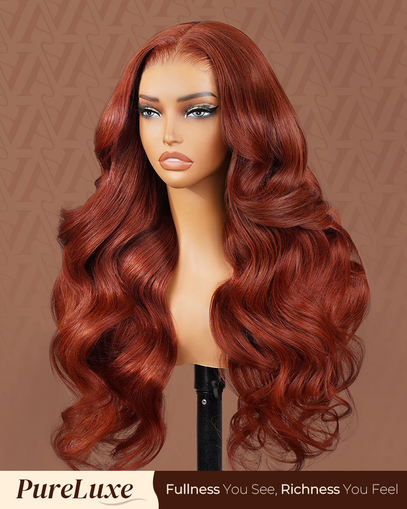 Pure-Luxe™ Reddish Brown Colored Body Wave Easy Wear Glueless 13x6 Ultra-Dense Human Hair Wig Pre-Cut Lace