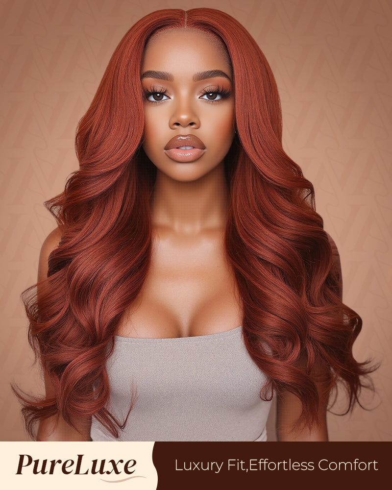 Pure-Luxe|Reddish Brown Colored Body Wave Glueless 13x6 Pre-Cut Lace Ultra-Dense Human Hair Wig V-Shaped Sideburns