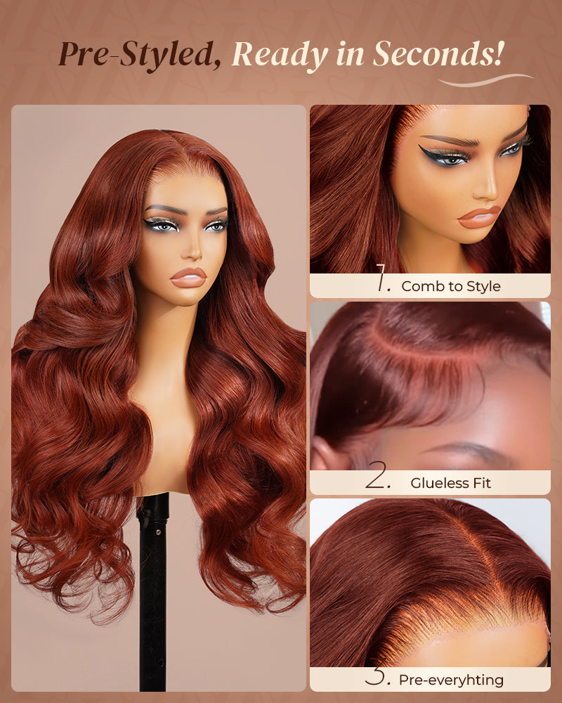 Pure-Luxe|Reddish Brown Colored Body Wave Glueless 13x6 Pre-Cut Lace Ultra-Dense Human Hair Wig V-Shaped Sideburns