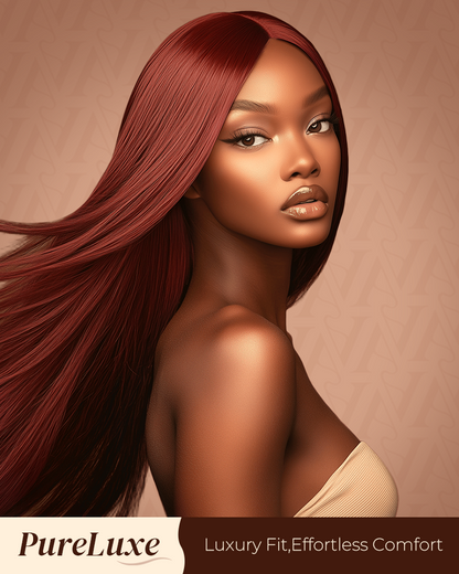 Pure-Luxe|Reddish Brown Colored Body Wave Glueless 13x6 Pre-Cut Lace Ultra-Dense Human Hair Wig V-Shaped Sideburns