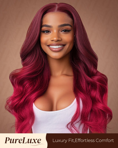 Pure-Luxe|Red Burgundy Highlight Colored Body Wave Glueless Pre-Cut Lace Ultra-Dense Human Hair Wig V-Shaped Sideburns