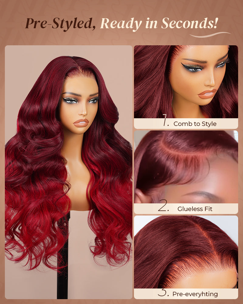 Pure-Luxe™ Red Burgundy Highlight Colored Body Wave Easy Wear Glueless 13x6 Ultra-Dense Human Hair Wig Pre-Cut Lace