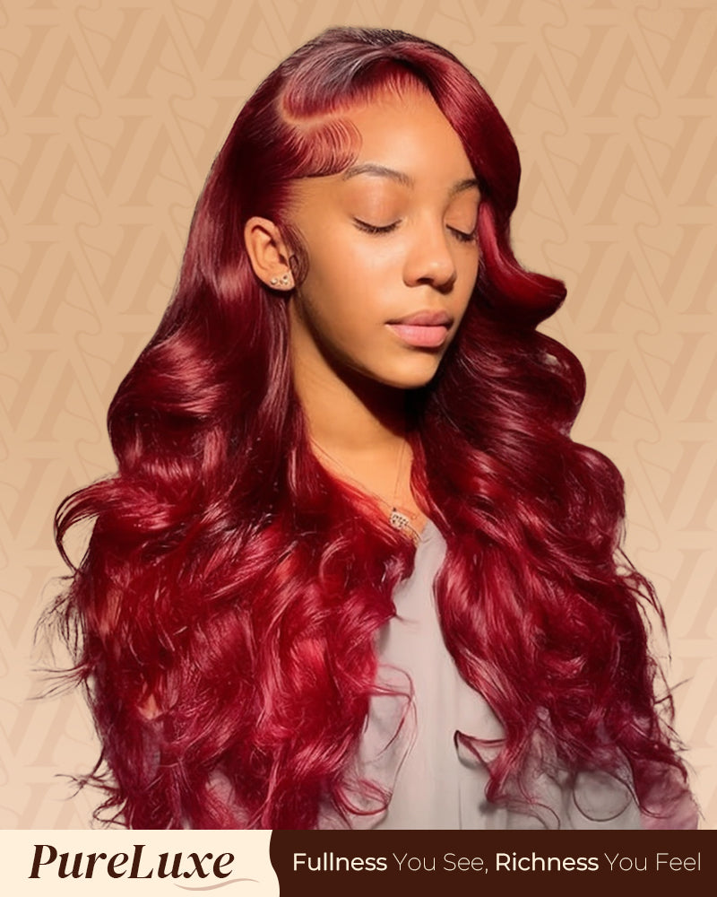 Pure-Luxe™ Red Burgundy Highlight Colored Body Wave Easy Wear Glueless 13x6 Ultra-Dense Human Hair Wig Pre-Cut Lace